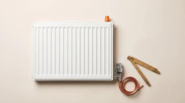  Fitted white panel radiator with a chrome thermostatic valve and copper pipe on warm paper