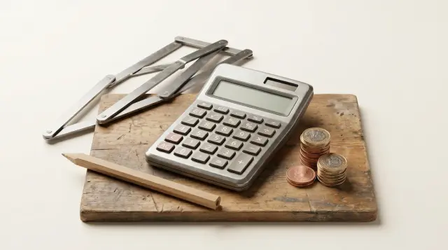 Calculator, pound coins and a carpenter's pencil on a tradesperson's workbench