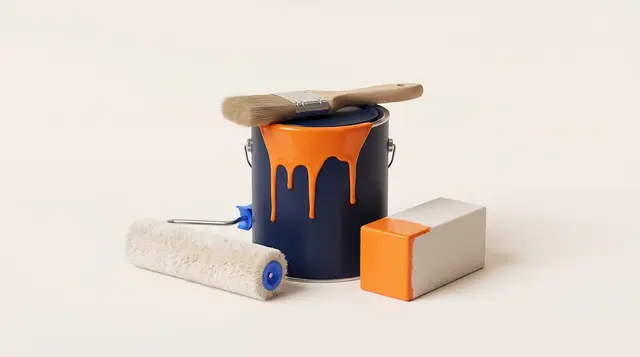 Navy paint tin with tangerine masonry paint, brush and roller beside a rendered wall block