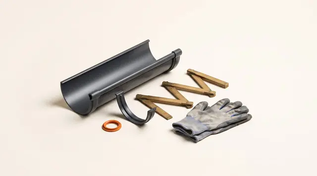 A clean section of grey guttering with a bracket beside a brass folding ruler on warm paper