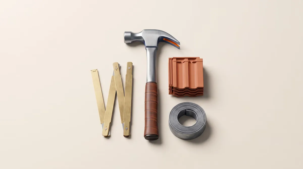 Premium roofing tools and a brass ruler on warm paper, suggesting fair London roof-repair pricing