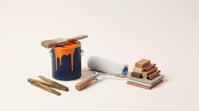 Navy paint tin with tangerine paint, brush and roller beside a freshly painted wall block