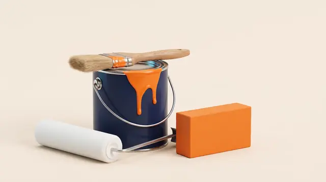 Navy paint tin with brush and roller beside a freshly painted, mould-free wall on warm paper