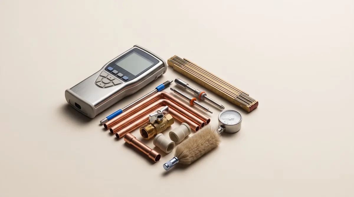 Trade tools and a brass folding ruler arranged on warm paper with a single tangerine accent