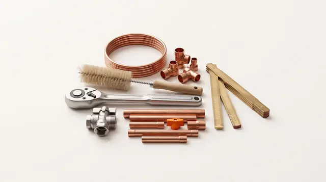 Trade tools and a brass folding ruler arranged on warm paper, suggesting fair boiler service pricing