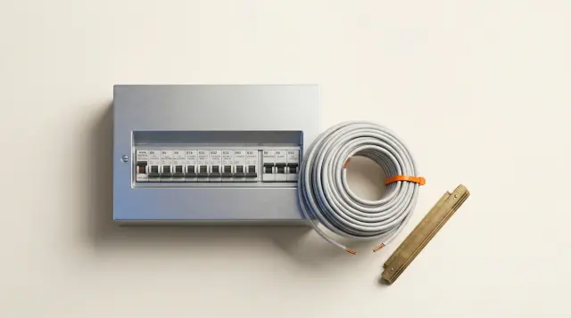 A modern consumer unit (fuse box) with a coil of cable and a brass ruler on warm paper