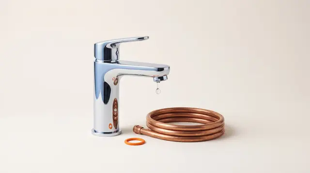 A flawlessly fitted chrome tap and a neat coil of copper pipe on warm paper, with one tangerine seal