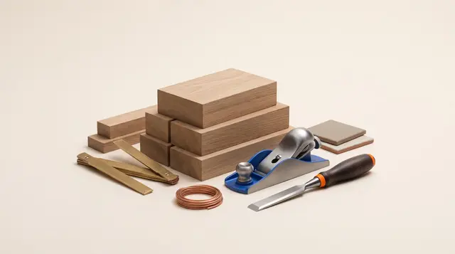 Premium hand tools, a brass folding ruler and a measured stack of timber on warm paper