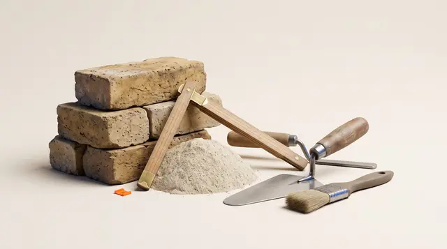 Premium trade tools and a brass ruler on warm paper, symbolising fair repointing pricing