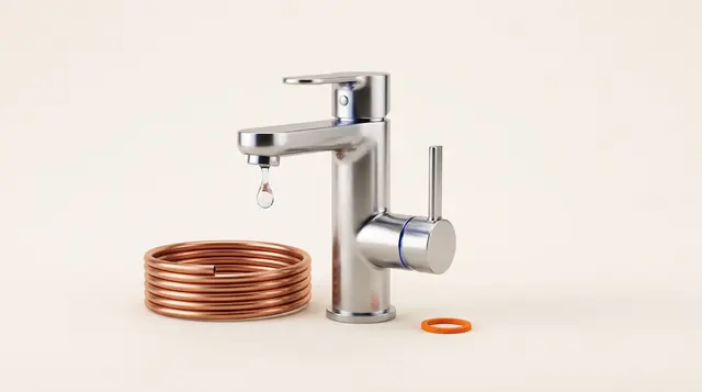 Chrome mixer tap with a water droplet, coiled copper pipe and a tangerine seal on warm paper