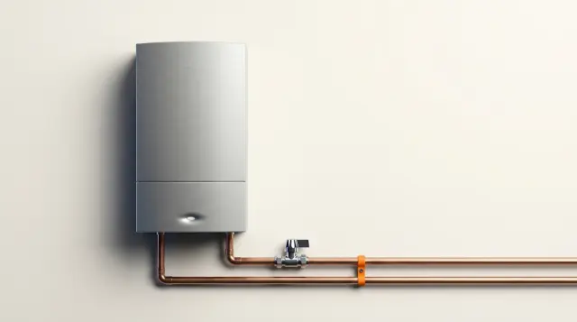 Wall-mounted condensing boiler with neat copper pipes on warm paper, a London new-boiler cost guide