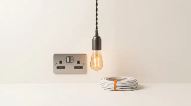 Brushed-steel socket, warm pendant light and a coil of cable on a plain warm paper background