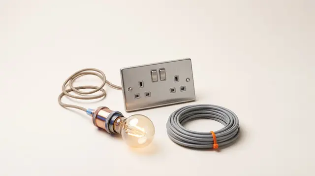 A brushed-steel wall socket, warm pendant light and coiled cable with a tangerine tie on warm paper