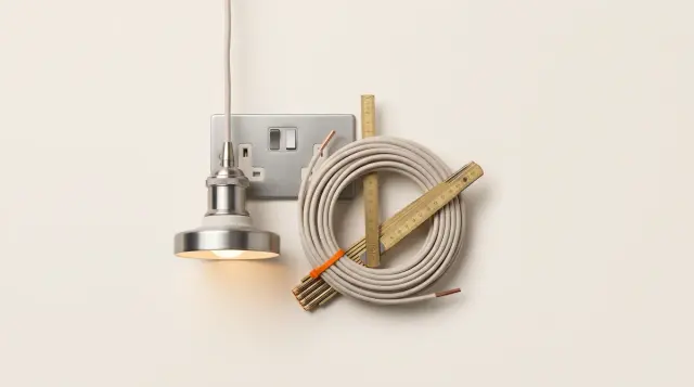 Socket, pendant light, coiled cable and brass ruler still life for London house rewiring costs