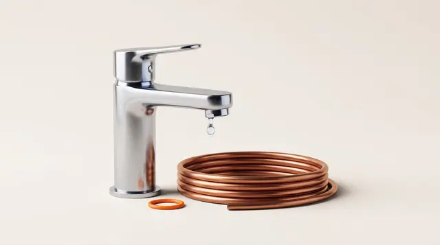 Chrome mixer tap with a water droplet, coiled copper pipe and a tangerine seal on warm paper