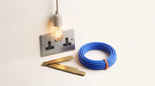 Brushed-steel wall socket and glowing pendant light on warm paper, London electrician costs