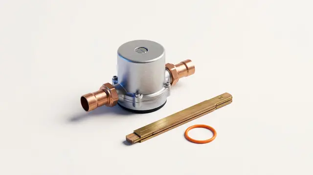 A brushed-metal boiler pump with copper pipe fittings beside trade tools and a brass ruler