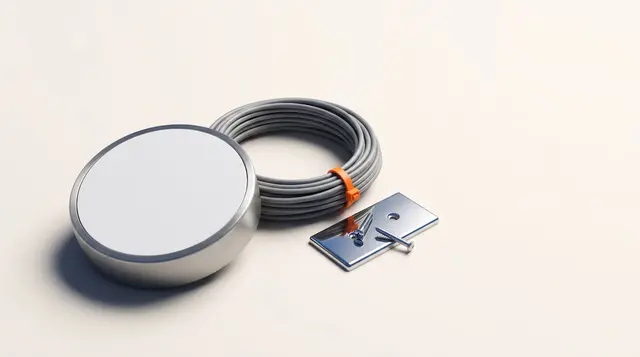 A blank-faced round wall thermostat with a brushed steel ring and a neat cable coil on warm paper