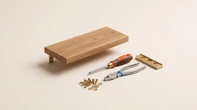 Premium hand tools and brass fixings, a freshly mounted floating shelf, on warm paper