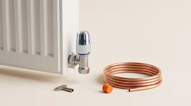 A premium wall-mounted radiator with a chrome bleed valve and coiled copper pipe on warm paper