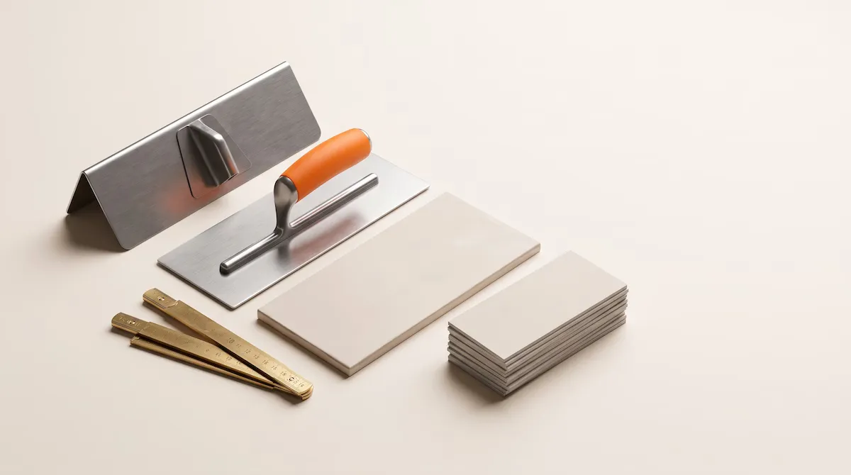 A plasterer's trowel and hawk beside a smoothly skimmed wall, plasterboard and a brass ruler