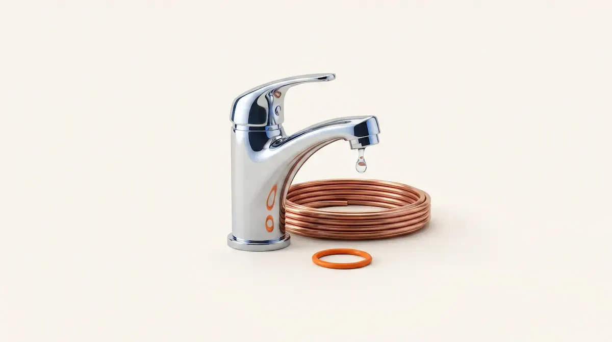 Chrome mixer tap, coiled copper pipe and a tangerine seal on warm paper, a calm plumbing still