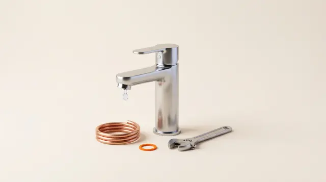 A fitted chrome basin tap with a water droplet, copper pipe and spanner on warm paper