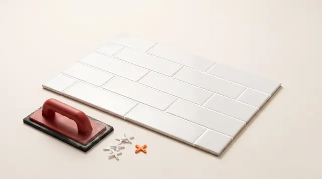 Immaculately laid wall tiles with crisp grout lines, a grout float and a tangerine tile spacer