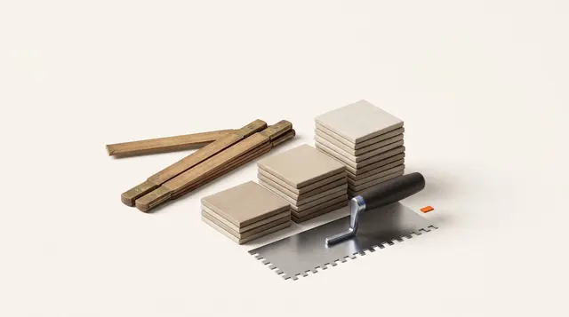 Trade tools and a brass folding ruler beside three stepped stacks of tiles on warm paper