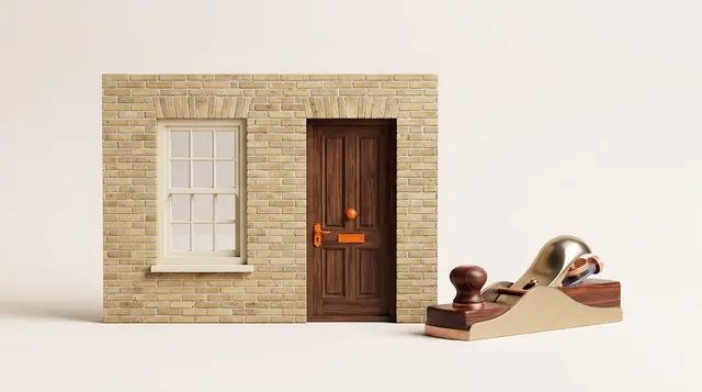 A miniature London terraced house and a trade tool on warm paper, for a Camden hiring guide