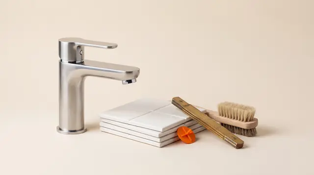 Premium bathroom fittings and trade tools on warm paper, showing a London bathroom renovation