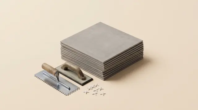 Stack of porcelain bathroom tiles with grout float, notched trowel and spacers