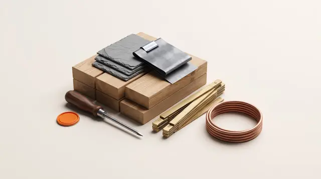 Brass folding ruler, trade tools and a measured stack of building materials on warm paper