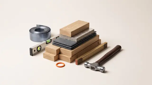 Brass folding ruler and stacked building materials on warm paper, suggesting a fair loft conversion