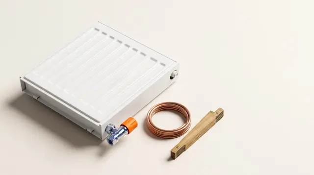A white panel radiator with a chrome valve and copper pipe beside a brass folding ruler