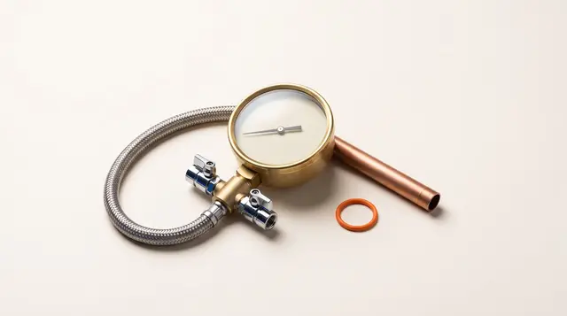 A brass-rimmed boiler pressure gauge with a braided filling-loop hose and copper pipe on warm paper