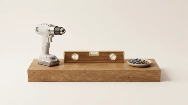 Spirit level resting on a newly fitted wooden shelf with drill and wall plugs