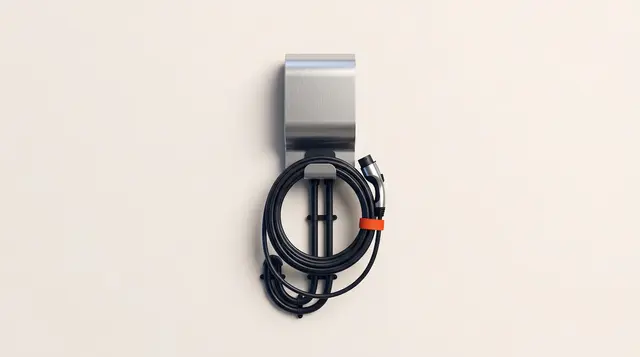 Brushed-steel home EV charge point on warm paper, charging cable neatly coiled on its holster
